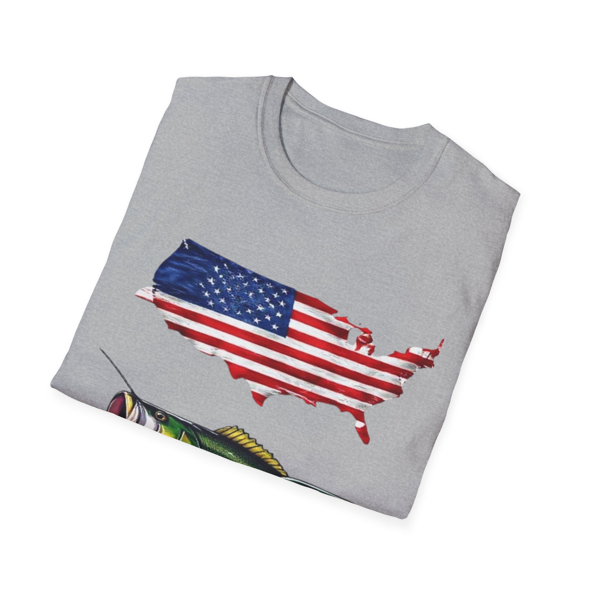 American Fishing T-Shirt – USA Flag Map with Twin Walleye Graphic