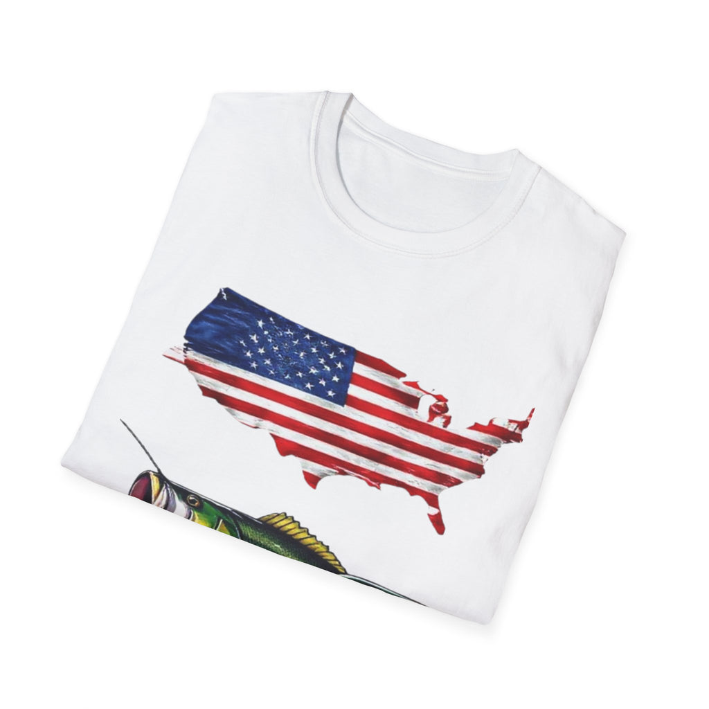 American Fishing T-Shirt – USA Flag Map with Twin Walleye Graphic
