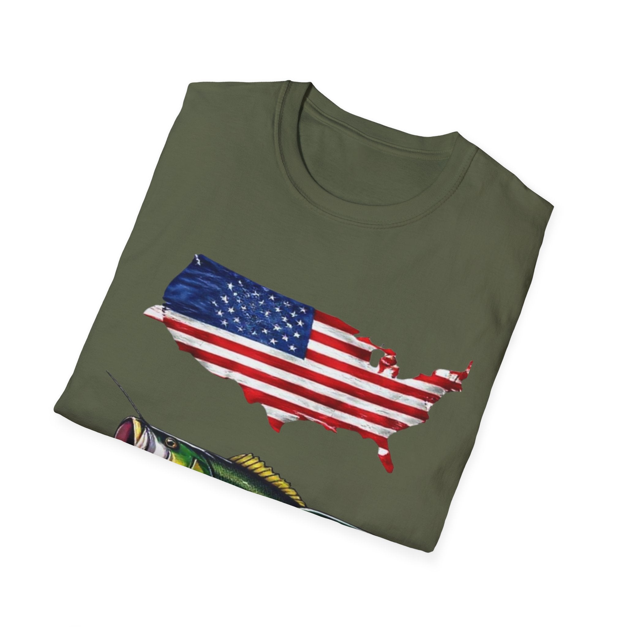American Fishing T-Shirt – USA Flag Map with Twin Walleye Graphic