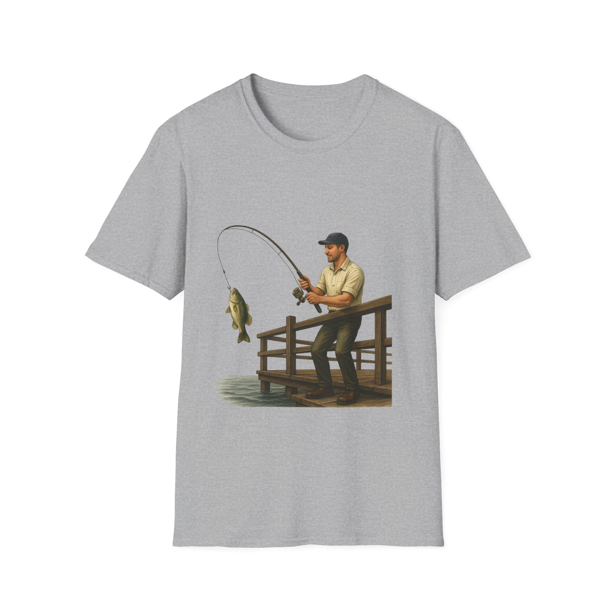 Fishing Pier T-Shirt — Man Catching Bass Graphic Tee