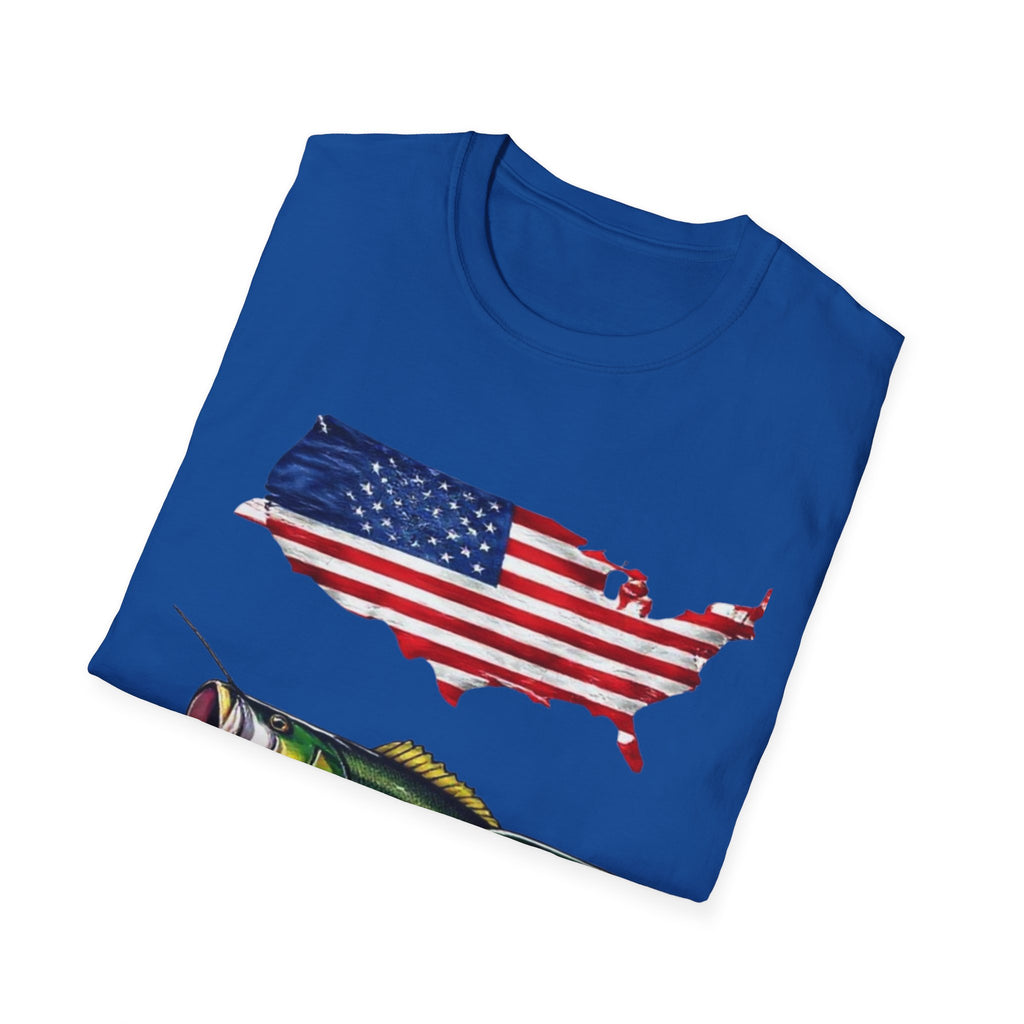 American Fishing T-Shirt – USA Flag Map with Twin Walleye Graphic