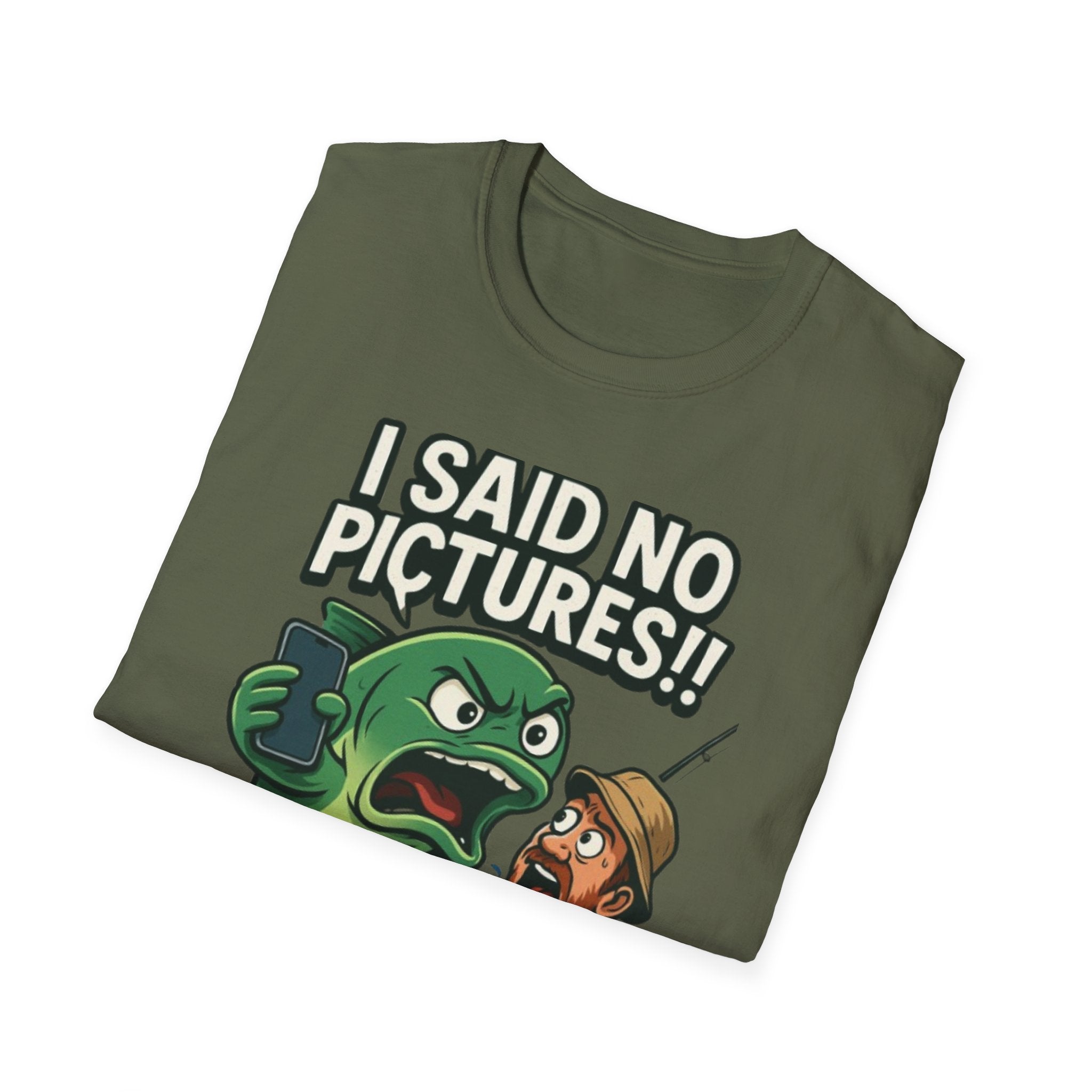 I Said No Pictures! Fishing T-Shirt — Funny Fisherman & Giant Fish Graphic Tee