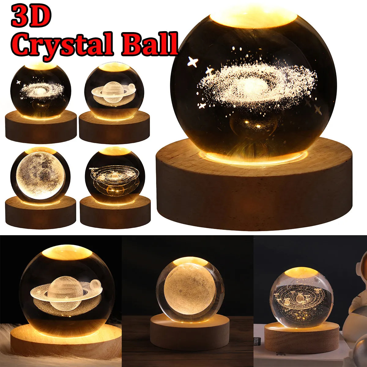 3D LED Galaxy Crystal Ball Lamp - Moon & Stars Light