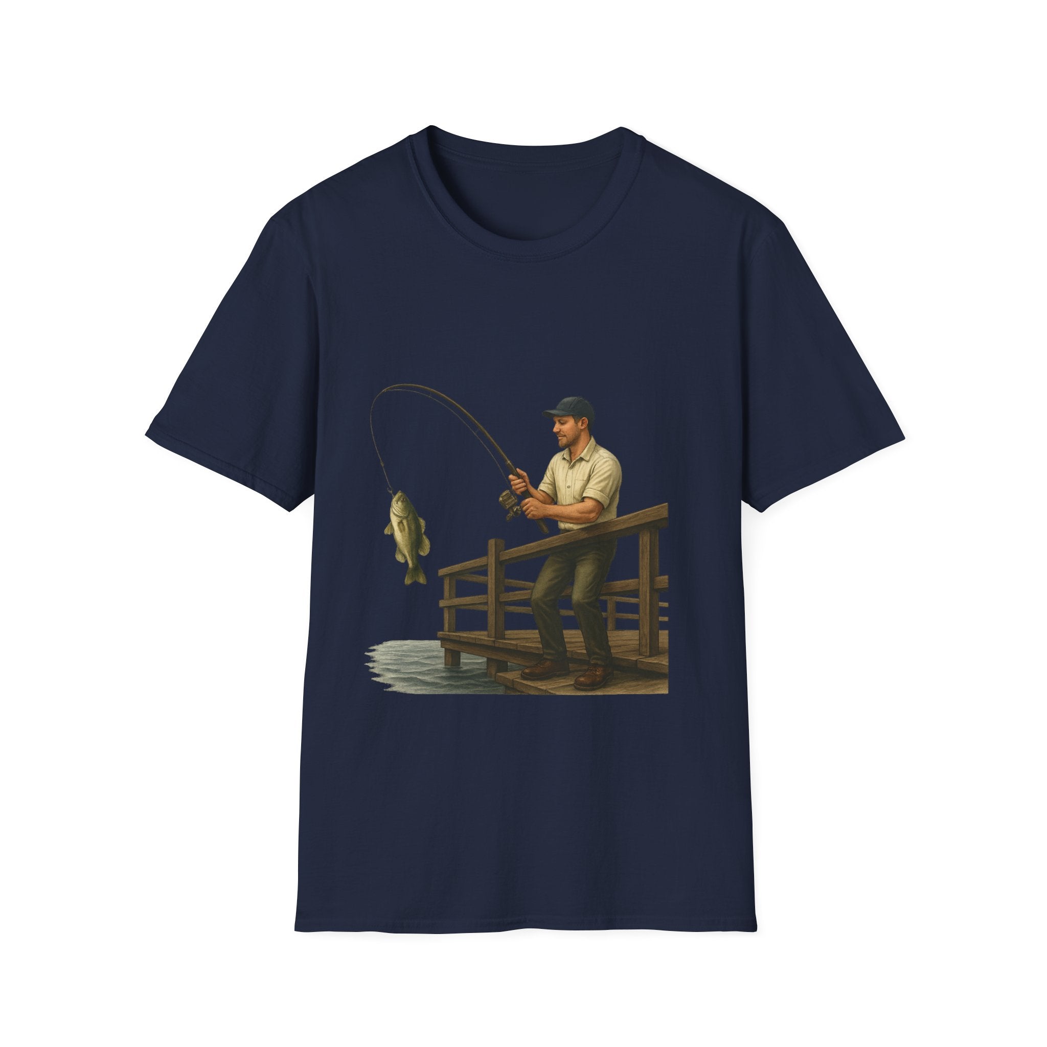 Fishing Pier T-Shirt — Man Catching Bass Graphic Tee