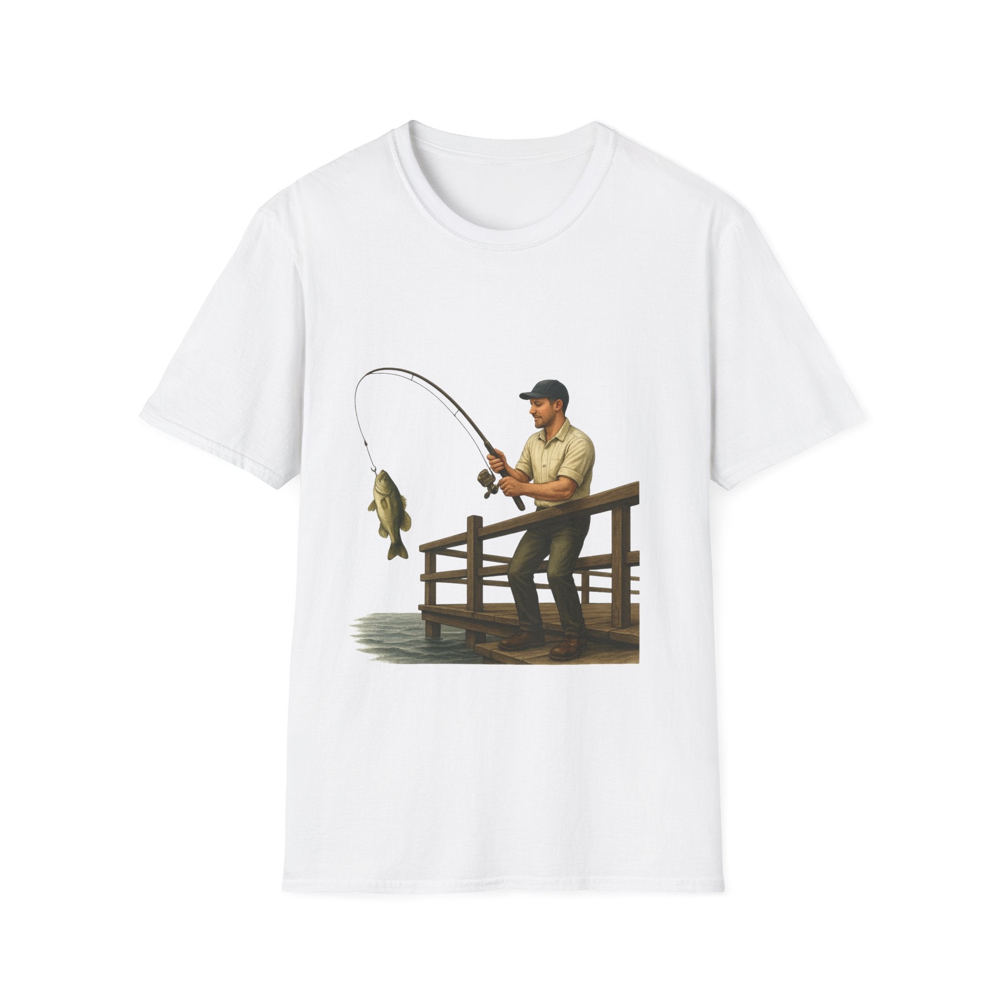 Fishing Pier T-Shirt — Man Catching Bass Graphic Tee