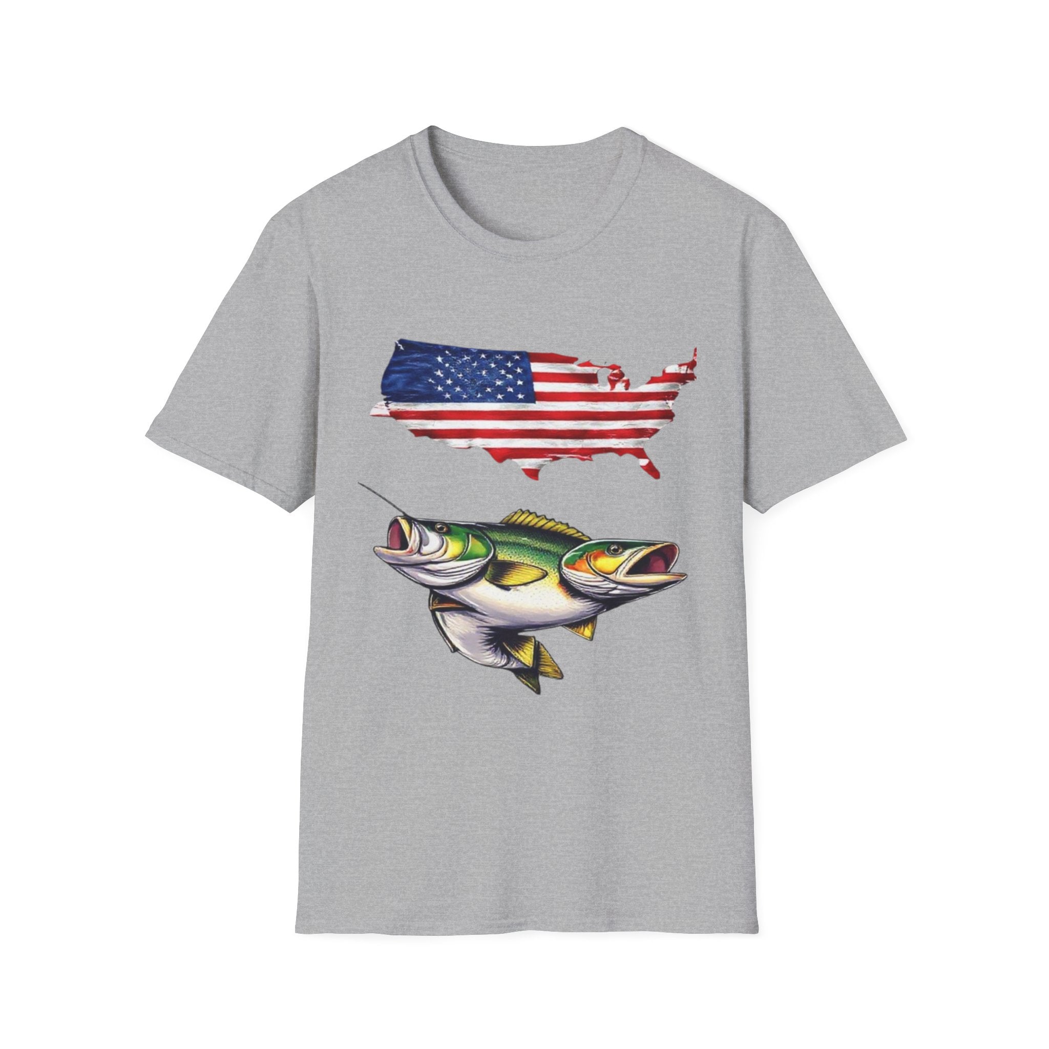 American Fishing T-Shirt – USA Flag Map with Twin Walleye Graphic