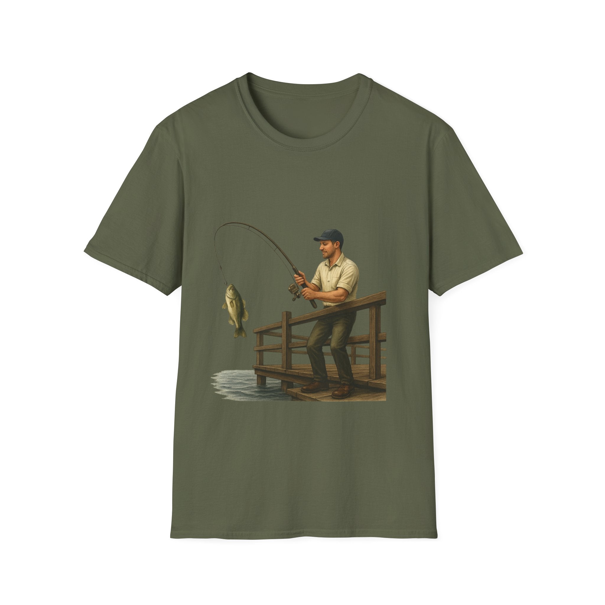 Fishing Pier T-Shirt — Man Catching Bass Graphic Tee