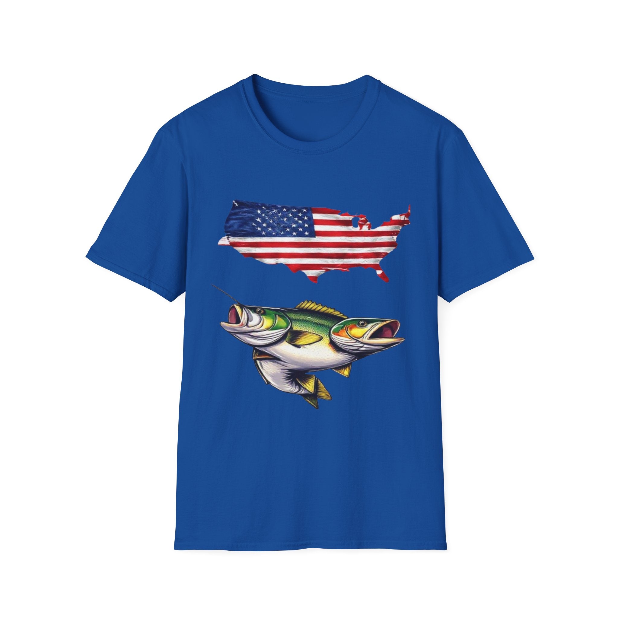 American Fishing T-Shirt – USA Flag Map with Twin Walleye Graphic