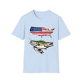 American Fishing T-Shirt – USA Flag Map with Twin Walleye Graphic