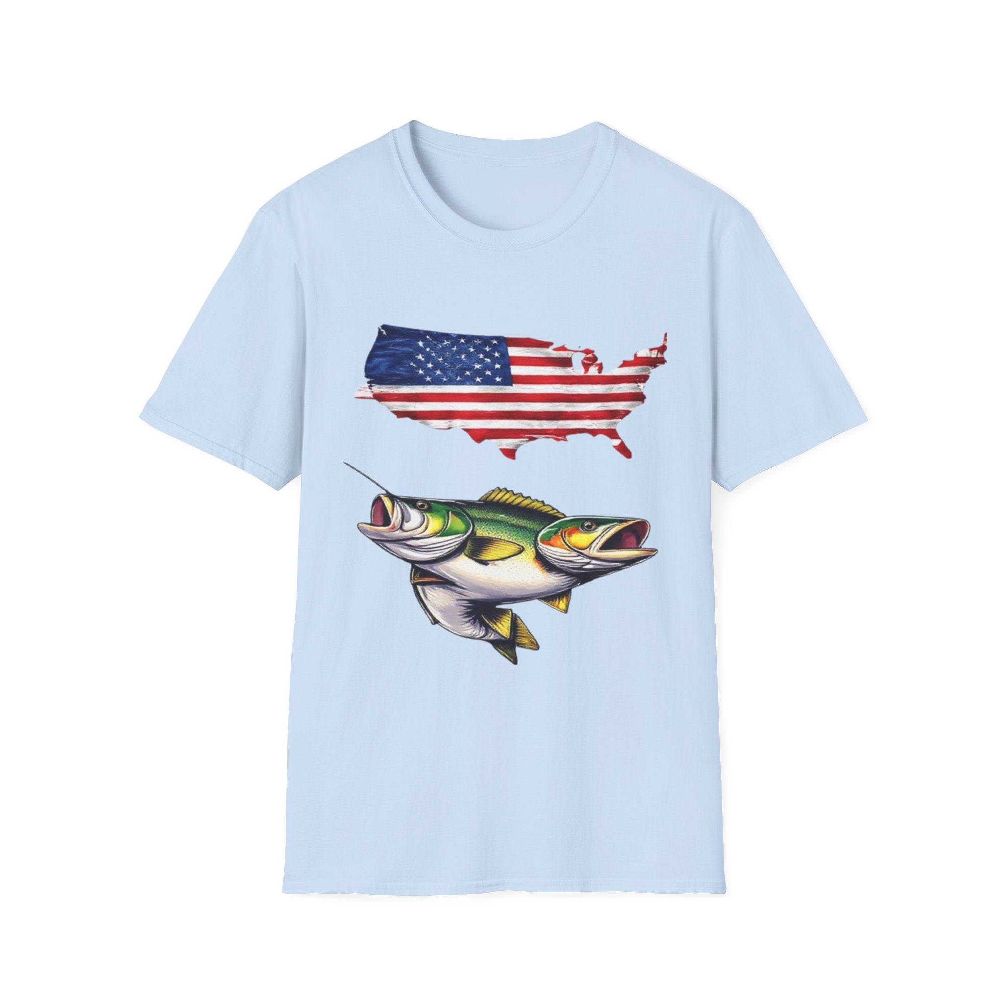 American Fishing T-Shirt – USA Flag Map with Twin Walleye Graphic