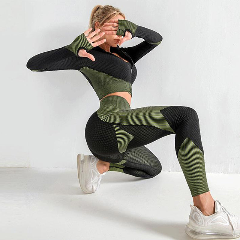 3-Piece Active Wear Set: Long Sleeve Crop Top, Sports Bra, and Leggings