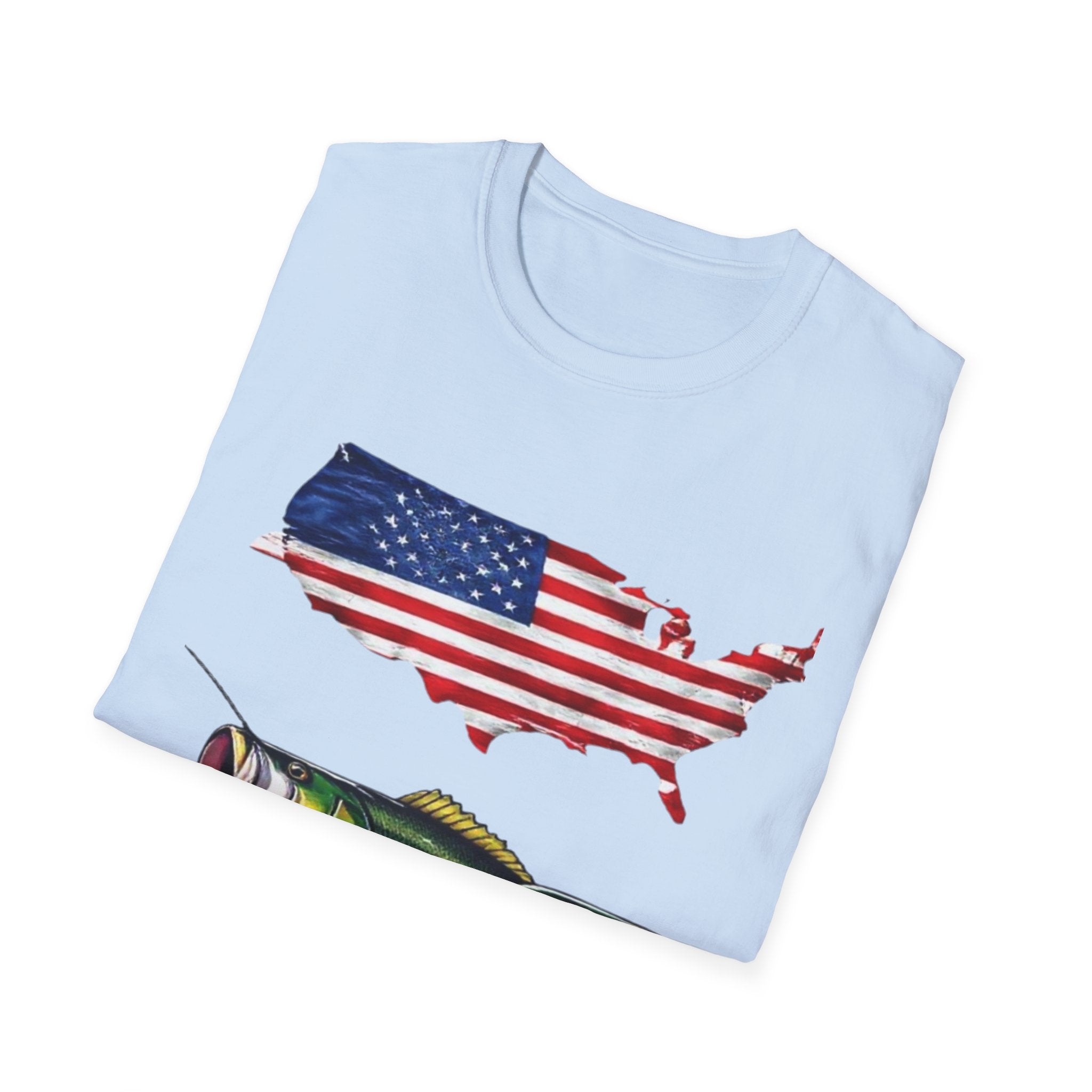 American Fishing T-Shirt – USA Flag Map with Twin Walleye Graphic