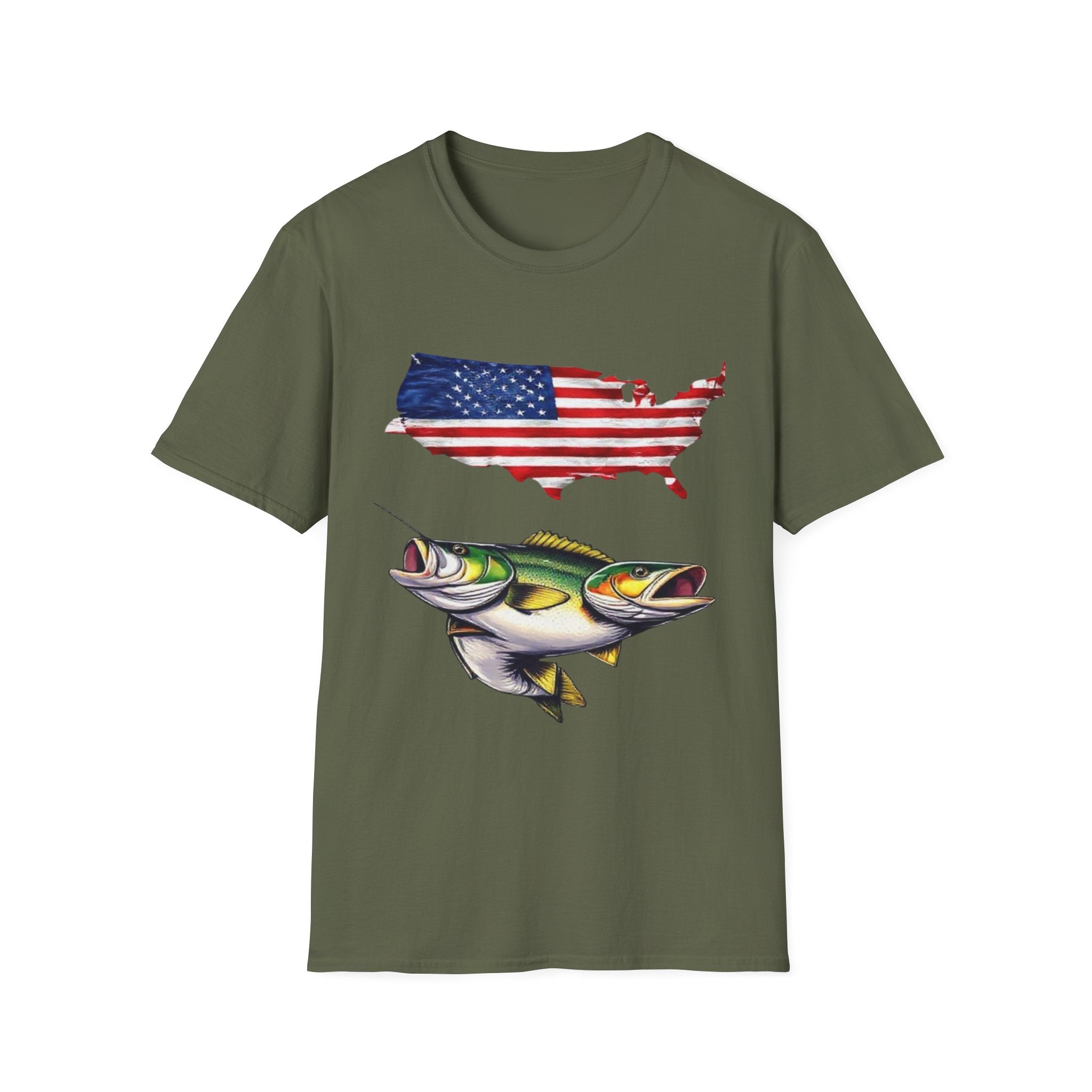 American Fishing T-Shirt – USA Flag Map with Twin Walleye Graphic