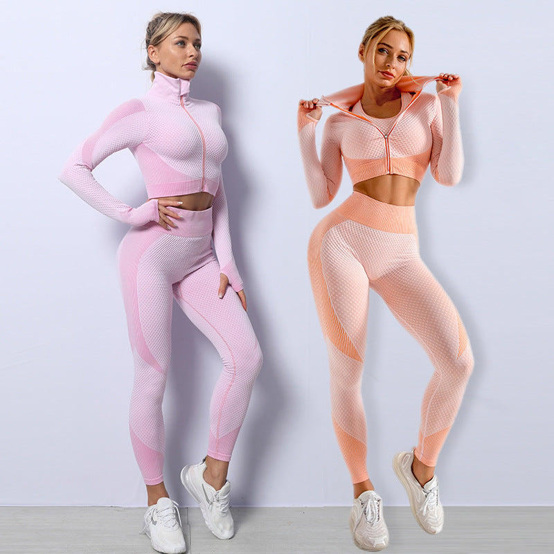 3-Piece Active Wear Set: Long Sleeve Crop Top, Sports Bra, and Leggings