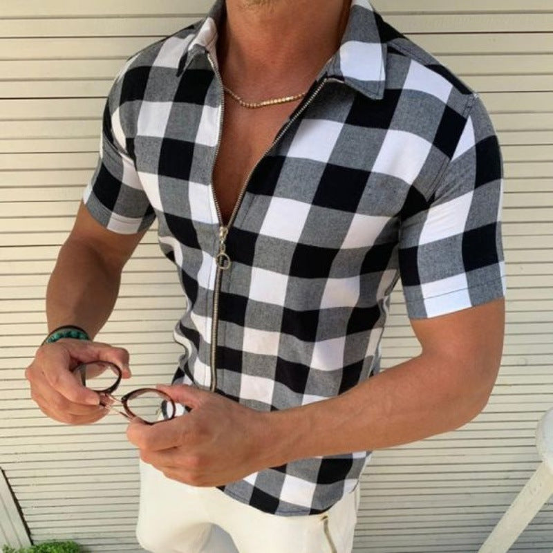 Men's Plaid Zipper T-Shirt | Short Sleeve Summer Fashion